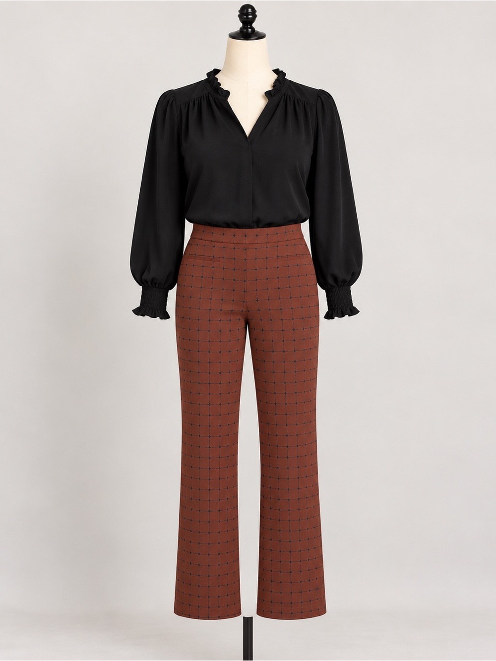 Sanctuary Rust Brown Windowpane Plaid High Rise Flare Pants Size Medium